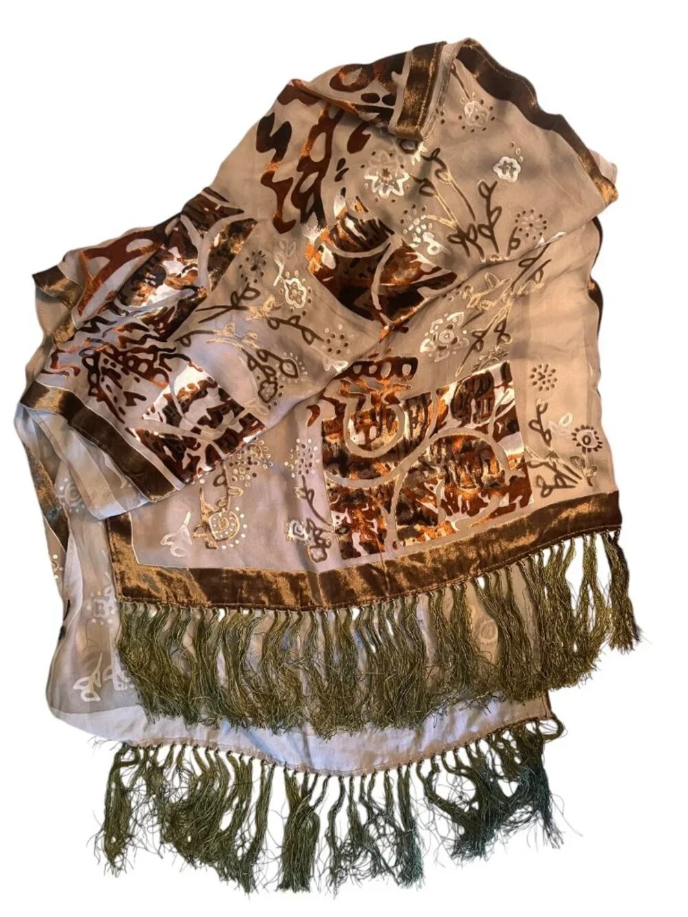 Velvet Burnout Scarf With Fringe -Brown Green Taupe Rust Cream -80